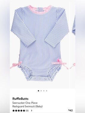 RuffleButts Blue and White Striped Long Sleeve One-Piece Swimsuit with Pink Bows